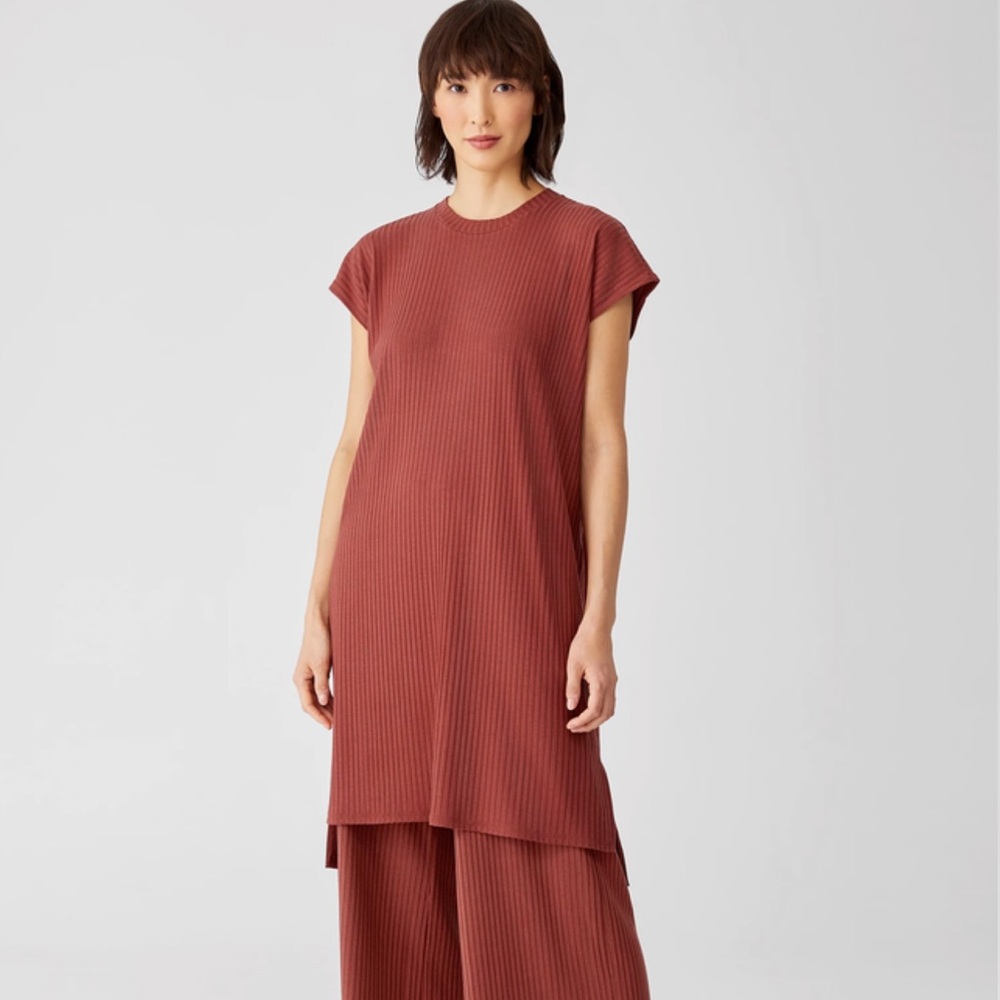 🍂🪴🍁Size M Eileen Fisher Deep Terracotta Ribbed Textured Stretch Crew Neck Dress